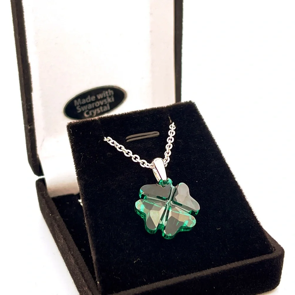 Faceted Crystal Shamrock Necklace Four Leaf Clover Swarovski Crystal